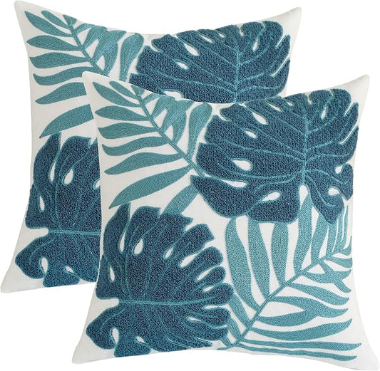 Embroidered Throw Pillow Covers 18x18 Pack of 2 Blue Botanical Leaf