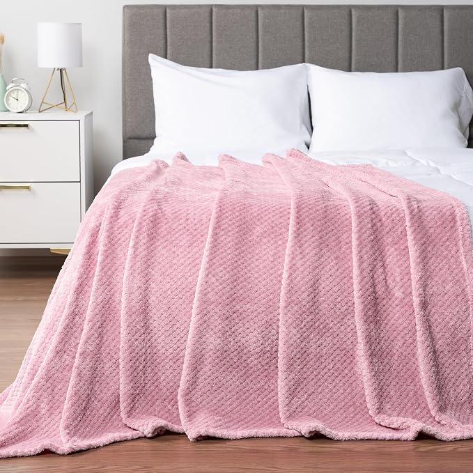 PAVILIA Light Pink Fleece Throw Blanket for Couch Sofa Bed, Soft Fuzzy Waffle Jacquard Microfiber, Warm Lightweight Fade-Resistant Decorative All Season Throw, 50x60