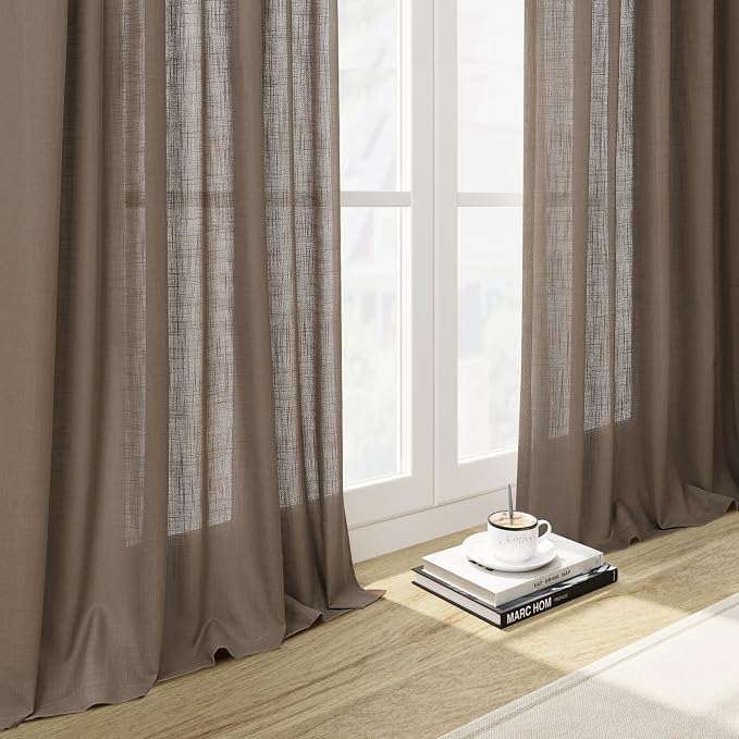 Taupe Grey Linen Curtains 102 Inch Semi Sheer Rod Pocket 52x102