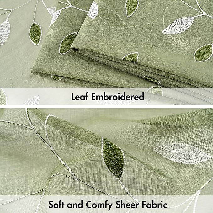 MIULEE Sage Green Sheer 30x36 Inches 2 Panels Embroidered Leaf Patterned | Embroidered Floral Semi Sheer,Rod Pocket,Faux Linen,Short Window Curtains Drapes Set for Kitchen/Bathroom/Cafe