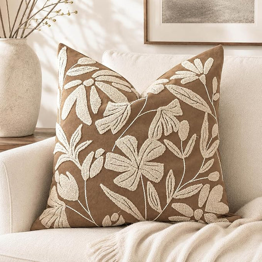 BlissBlush 20x20 Throw Pillow Cover, Square Brown Decorative Cushion Cover for Couch Sofa, Embroidered Velvet Farmhouse Accent Pillowcase (Cover Only)