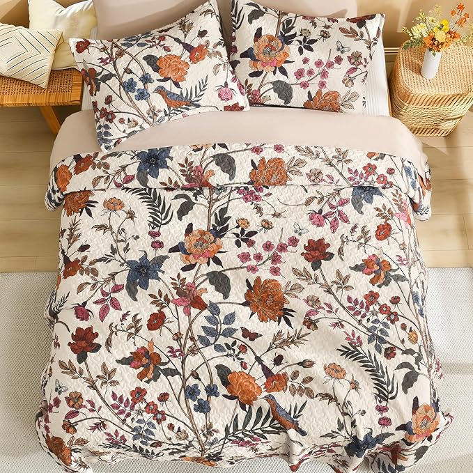 Litanika Floral Light Beige Quilt Queen - 3Pcs Botanical Birds Bedding Set | Bedspread Summer Lightweight Soft Coverlet with Blue Flower for All Seasons (96"x90")