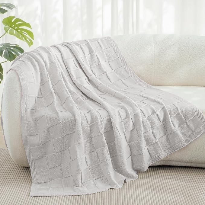 Whale Flotilla Checkered Knit Throw Blanket for Couch, Light Grey | Soft Decorative Knitted Blankets for Couch Sofa Bed, Lightweight Cozy Throws for Spring Summer, 50x60 Inch