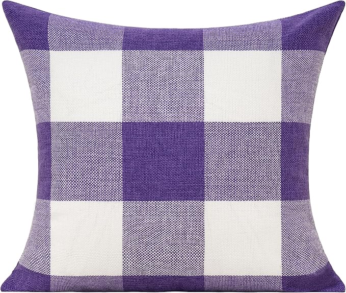 VAKADO Purple White Outdoor Farmhouse Buffalo Plaids Decorative Throw Pillow Covers Retro Checked Square Cushion Cases Classic Coffee Check Home Decor for Couch Sofa Patio 26x26 Inch Pack of 2