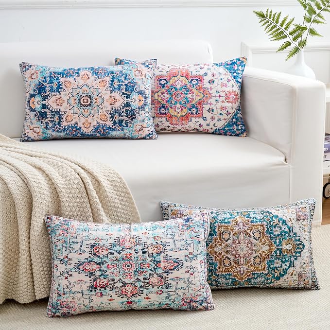 Lumbar Throw Pillow Covers 12x20 Inch Set of 4 Washable BOHO Vintage Style Decorative Throw Pillow Cases Soft Velvet Farmhouse Decor Retro Cushion Covers for Couch Sofa Bed Living Room Outdoor