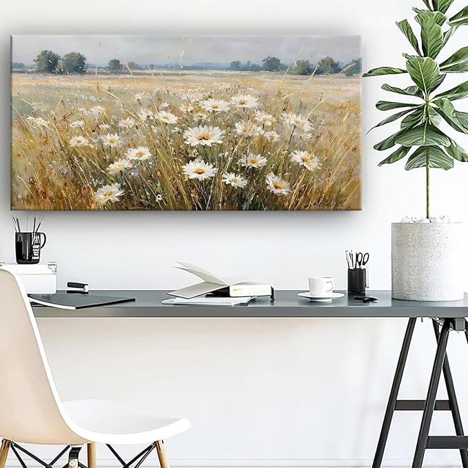 Abstract White Flower Landscape Picture Canvas Art Hanging Living Room Dining Room and bedroom,Grassland scenery Wall Art Prints Modern Style Artwork Waterproof Ready to Hang - 20x40 Inch