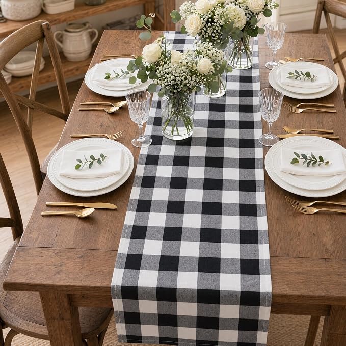 ShinyBeauty 4 Packs Black & White Plaid Table Runners 13x72”Christmas Decor | Soft & Durable Cotton, Gingham Table Runner Farmhouse Table Linen Rustic Charm, Machine Washable, for Dining Room Table Decor