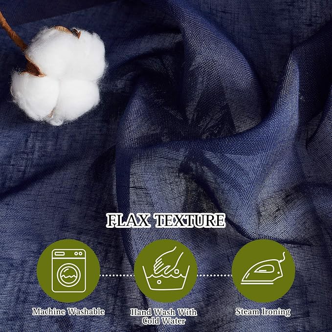 NICETOWN Natural Open Linen Weave Flax Textured Sheer Window Curtains, 63 inches Medium Long Privacy Semi-Transparent Sheer Panels for Farmhouse/Bedroom, 104" Wide Total 2 Panels, Dark Blue