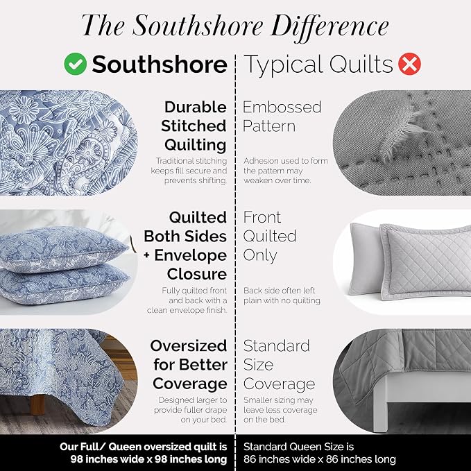 Southshore Fine Living, Inc. Paisley Quilt Queen Size Bedding Set, Full Size Quilted Coverlet, Boho Bedspreads Queen Size Set with Two Matching Pillow Shams, Full/Queen, Reversible Blue