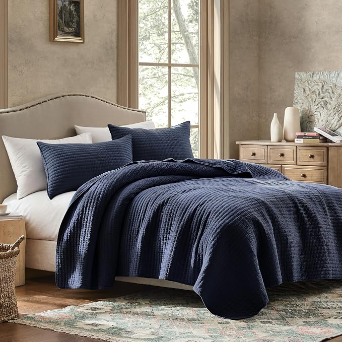 WDCOZY 100% Cotton Twin Size Quilt Set - Navy Blue Striped Pick Stitch Soft Lightweight Bedspread, Textured Like Linen, Farmhouse Country Rustic Coverlet, Shabby Chic Gauze Bedding, 2 Pieces