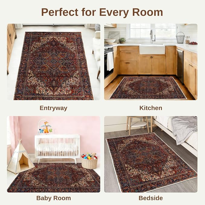 Red 3x5 Entryway Rug, Non Slip Indoor 3x5 Washable Rug | Soft faux wool, machine washable & stain resistant. Non-slip rubber backing, low pile. For entryway, kitchen, hallway.