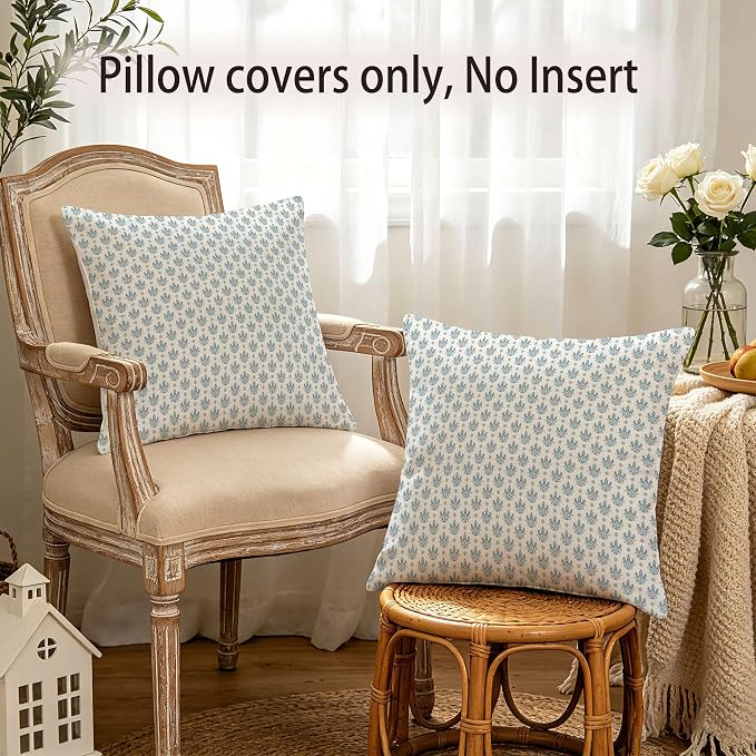 Hexagram Floral Pillow Covers 18x18, Vintage Blue Throw Pillow Covers | Aqua Blue, Set of 2, Farmhouse Neutral Decorative for Couch Pillows, Home Decor, Living Room, Bedroom, No Insert