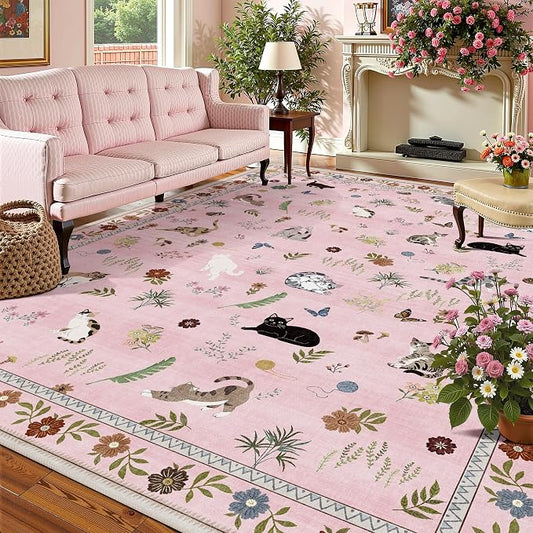 AIMPEAK Pink Large 8x10 Washable Area Rug - Non Slip Low Pile Cat Floral Vintage Boho Large Carpet for Living Room, Bedroom, Farmhouse, Dining Room, Nursery, Girls Room, Kids Playroom, Pink Multi