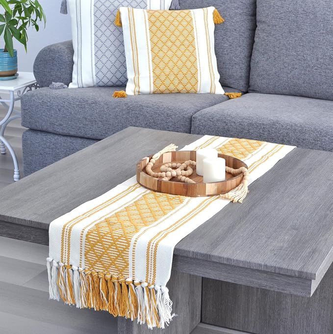 Boho Throw Pillow Covers with Tassels Mustard Yellow and White 18x18 inch -Set of 2 / Decorative Square Pillow Covers for Couch, Sofa/Farmhouse Woven Pillow Cases/Accent Cushion Covers