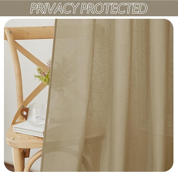 RYB HOME Linen Sheer Curtains 2 Panels for Living Room, Semi Transparent Privacy Drapes with Rod Pocket Farmhouse Style Window Treatments for Bedroom, Camel, 52" W x 102" L