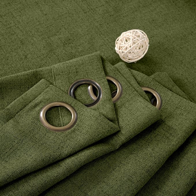 YoungsTex Olive Green Linen Curtains, Semi Sheer Drapes for Living Room | 84 Inches Long Light Filtering Drapes with Grommet Textured for Dining Bedroom Window, 2 Panels, 52 X 84 Inch
