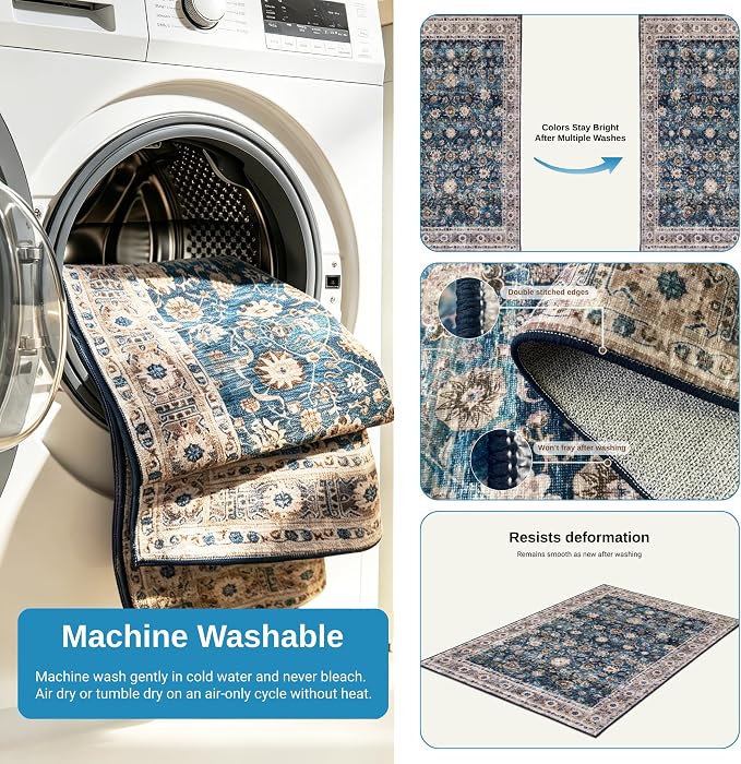 5x7 Washable Rug for Living Room, Non Slip Carpet for Bedroom | Soft faux wool, machine washable & stain resistant. Non-slip rubber backing, low pile. For living room, bedroom, office.Blue.