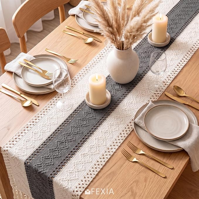 FEXIA Boho Table Runner with Tassels for Home Decor 12x72 Inches Grey | 72 Inches Long Modern Farmhouse Rustic Burlap Table Decoration for Bedroom Living Dining Room Baby Shower Autumn Decor