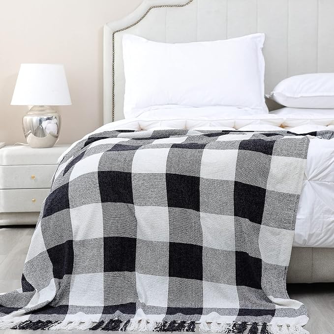 Black White Buffalo Plaid Decor Blanket, Lightweight Soft Chenille Check Knitted Rustic Farmhouse Throw with Tassels for Couch Sofa Chair Bed Office Home, Black and Ivory, 60" x 80"