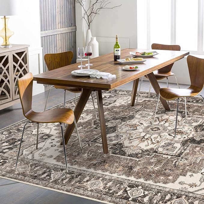 Washable Living Room Area Rug - 8x10 Large Bedroom Rug Distressed Oriental Non-Slip Non-Shedding Print Floor Carpet for Dining Room Kitchen (Beige, 8 x 10)