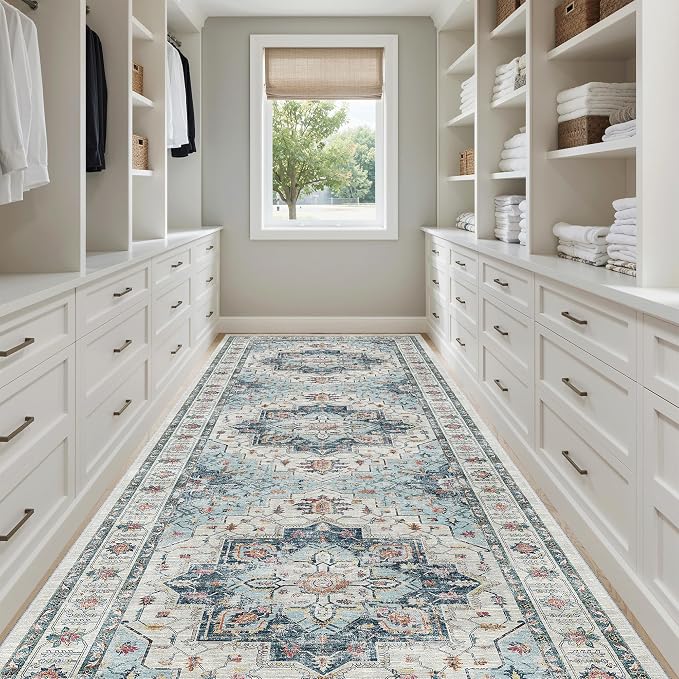 Madane 4x12 Wide Hallway Runner Rug Washable for Living Room, Blue | Soft Stain Resistant Ktichen Runners 12ft, Vintage Non Slip Low Pile Area Rugs, Thin Floor Carpet for Bathroom Dining Bedroom