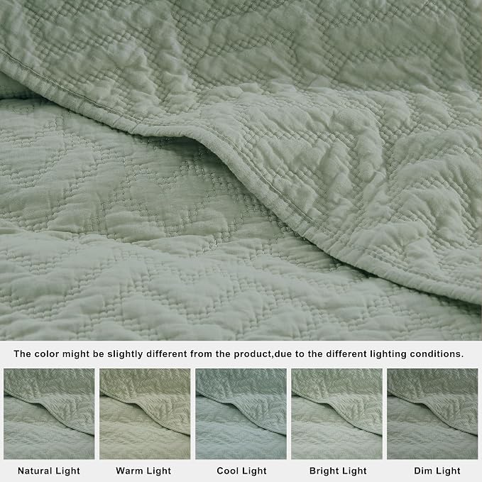 palassio Sage Green 100% Cotton Quilt Queen Size Bedding Sets with 2 Pillow Shams, Lightweight Textured Farmhouse Country Bedspread Soft Shabby Chic Patterned Coverlet for All Season, 3 Pieces