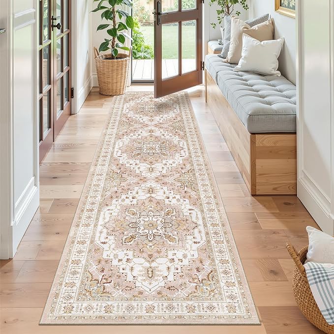 Madane Hallway Runner Rug 2x8 Washable Kitchen Rugs Non-Slip, Pink | Vintage Machine Washable Low-Pile Floor Carpet 8ft, Soft Ultra-Thin Throw Entry Foyer Mat for Entrance Laundry Living Room