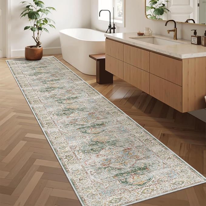 Madane Washable Runner Rugs 2x12 Long for Hallway Kitchen Soft, Green | Non-Slip Vintage Printed 12ft Rug Runners with Rubber Backing, Low-Pile Floor Carpet Laundry Room Entryway, Corridor
