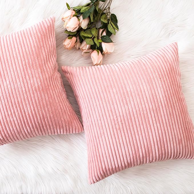 Home Brilliant Pillow Covers 20x20 Decorative Soft Velvet Corduroy Striped Square Throw Pillow Pack of 2 Cushion Cover for Bench, 50 x 50 cm, 20 x 20 Inch, Baby Pink