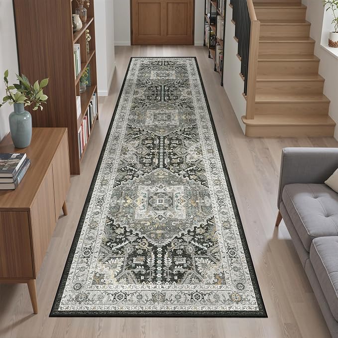 Madane Hallway Runner Rug 2x8 Washable Kitchen Rugs, Grey Green/Black Olive | Vintage Machine Washable Low-Pile Floor Carpet 8ft, Soft Non Slip Throw Entry Foyer Mat for Entrance Laundry Living Room