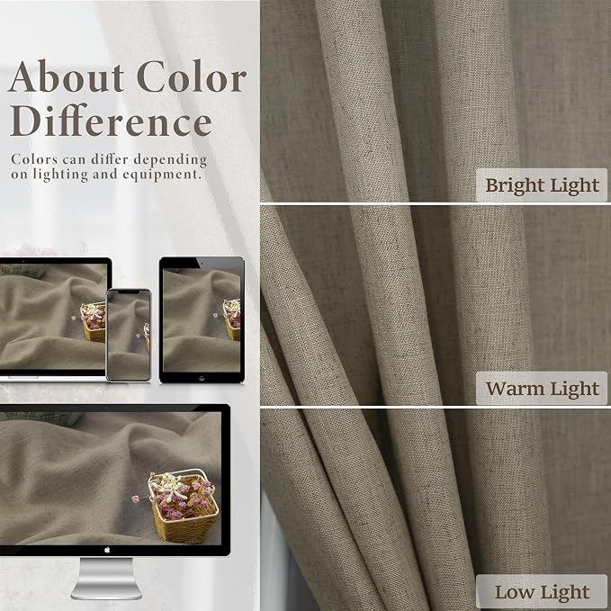 Pitalk Taupe Linen Curtains 54 Inch Length for Bedroom Farmhouse Cottage Core Linen Textured Light Filtering Semi-Sheer Curtain 2 Panels Burlap Look Privacy Linen Drapes 52x54 Long Back Tab Taupe Tan