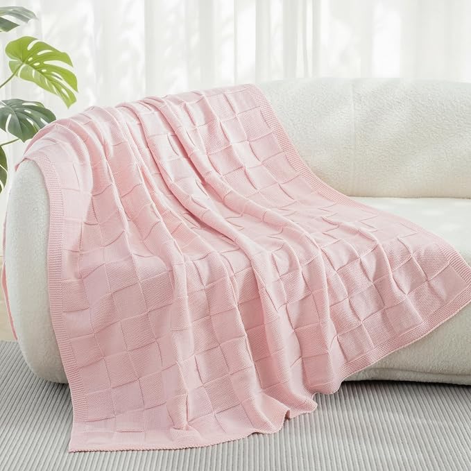 Whale Flotilla Checkered Knit Throw Blanket for Couch, Pink | Soft Decorative Knitted Blankets for Couch Sofa Bed, Lightweight Cozy Throws for Spring Summer, 50x60 Inch