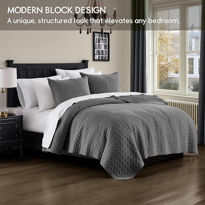palassio Dark Grey 100% Cotton Quilt Queen Size Bedding Sets with 2 Pillow Shams, Textured Lightweight Soft Bedspread Shabby Chic Coverlet, Quilted Comforter Bed Cover for All Season, 3 Pieces