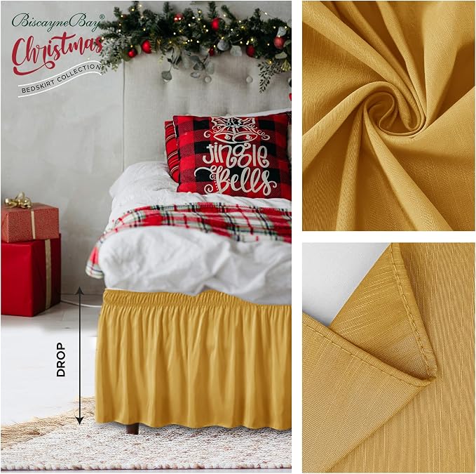 Wrap Around Bed Skirt King Size 12 Inch Drop-Elastic Dust Ruffle Gold | Adjustable Pleated Bedskirt-Easy Fit Wrinkle Resistant Washable Hotel Quality Fabric Bed Skirting-Master Guest Bedroom Rental