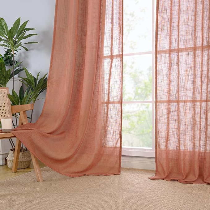 Terracotta Linen Curtains 80 inch Length 2 Panels for Doorway | Light Filtering, Semi Sheer, Rod Pocket Back Tab, Neutral Drapes for Bedroom, Living Room, Window Treatment, 34 x 80 Inch