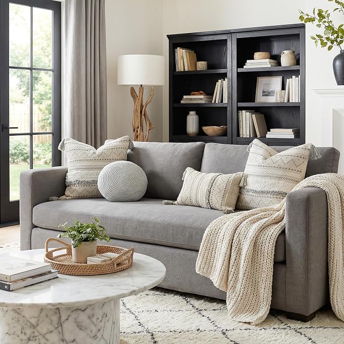 BlissBlush 20X20 Throw Pillow Cover, Cream Neutral Square Decorative Cushion Cover with Gray Pattern, Boho Accent Pillowcase with Tufted Details and Tassels for Couch Sofa Living Room (Cover Only)