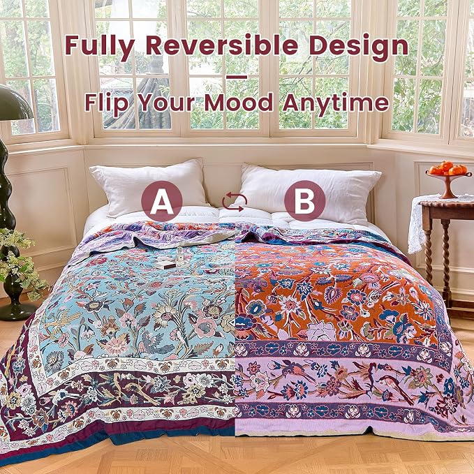 MSGKV Boho Throw Blanket 60"x80" Summer Cotton Birds Floral Blanket for Bed | 100 Cotton Muslin, Bird & Floral Throw Blanket, Reversible Weave, Soft & Breathable, Nature Inspired Design, Machine Washable