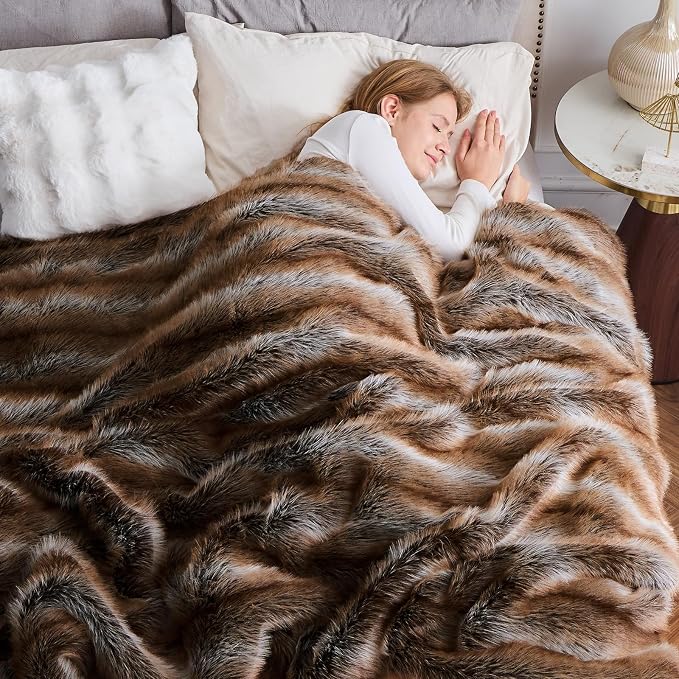 NEWCOSPLAY Faux Fur Thick Throw Blanket for Couch,Stripe Dark Brown,50"x60" | Luxury Fluffy Thick Warm Blanket for Couch Sofa Bed 1000GSM, Soft Plush Cozy Decorative Throw, Gift for Women Men