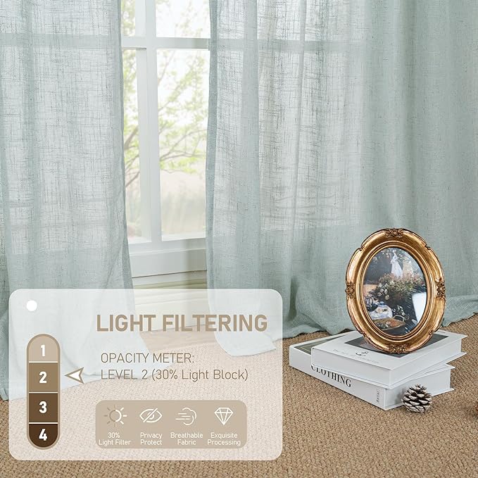 Living Room Linen Curtains 95 Inch for Bedroom, Semi Sheer Panels | Linen Textured, Light Filtering, Burlap Drapes for Farmhouse, Rod Pocket Back Tab, 2 Panels, 52 x 95 Inch, Greyish Blue
