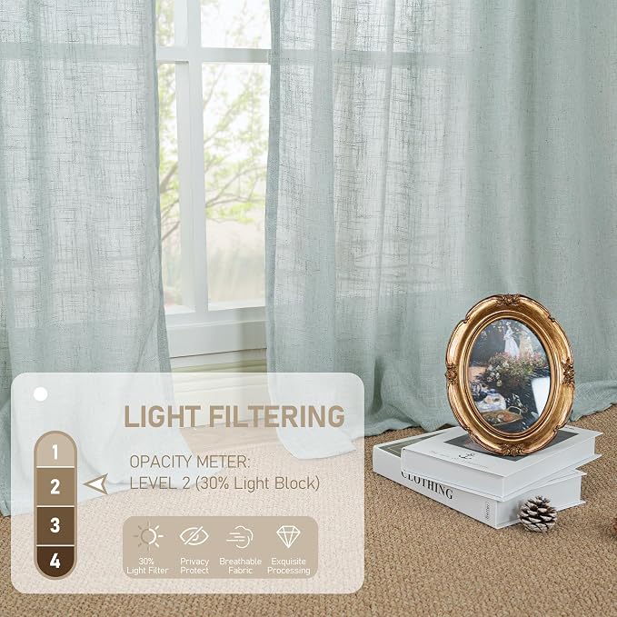 48 Inch Greyish Blue Semi Sheer Linen Curtains for Bedroom 2 Panels | Light Filtering Window Panels, Linen Textured, Farmhouse Boho, Drapes for Dining Room, Windows, Bronze Grommet, 52 x 48 Inch