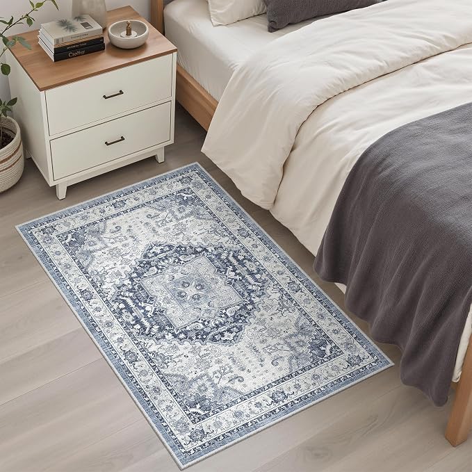 Madane Washable Area Rug 2x3 Small Entryway Rugs Non-Slip, Navy/White | Vintage Stain-Resistant Door Mat Indoor Entrance, Low Pile Floor Carpet for Inside Front Bedroom Kitchen Entry Laundry, Stair