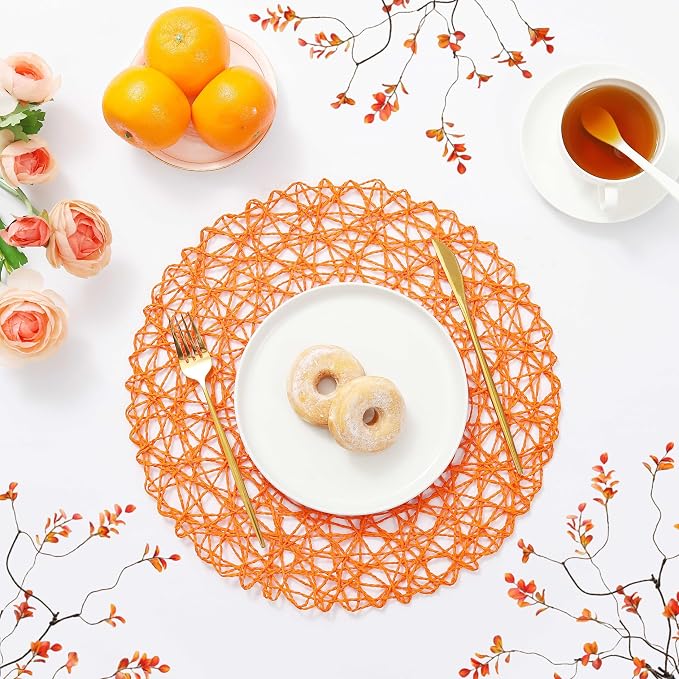 IcosaMro Tangerine Round Placemats Set of 12 for Dining Table, 13 Inches Paper Woven Boho Small Decorative Circle Place Mat for Wedding Christmas Thanksgiving Day Holiday Dinner, Orange