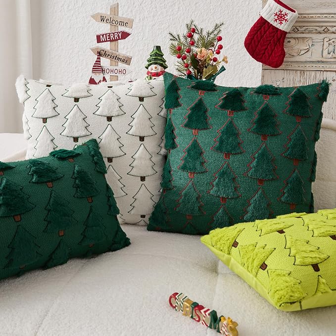 Kevin Textile Christmas Tree Pillow Covers 20x20 Inch Set of 2 Luxury Embroidery Soft Plush Faux Fur Decoration Pillowcases for Couch Sofa Holiday Festivals Winter Xmas Gift, Cream White & Red