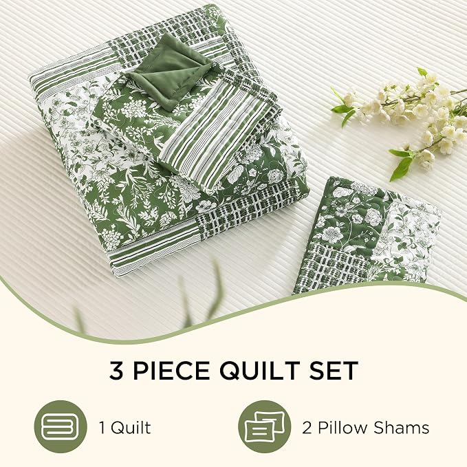 Litanika Floral Sage Quilt Queen - 3Pcs Botanical Birds Bedding Set | Patchwork Bedspread Summer Lightweight Soft Coverlet for All Seasons (96"x90")