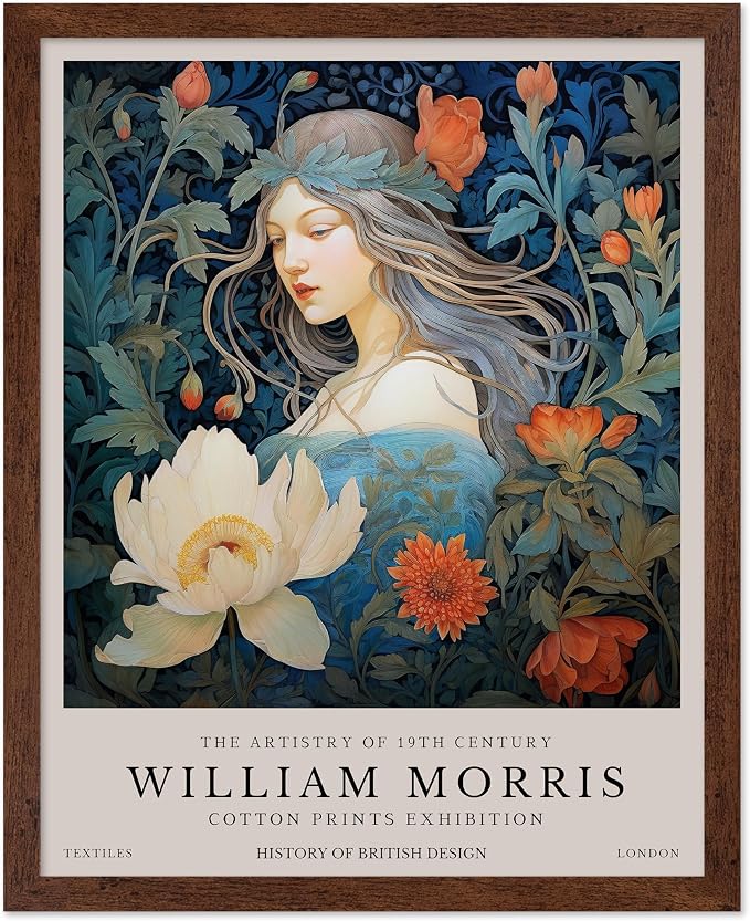 Monem Art William Morris Poster - Woman and Flowers Art Print - Lady Art - Floral Design - Flower Illustration - Aesthetic Bedroom or Living Room Decor - 11x14 Brown Framed