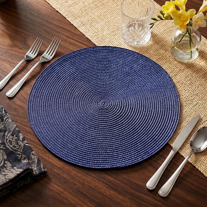 AHHFSMEI Round Placemats Set of 8 Heat Resistant Washable Non-Slip Woven Braided Table Mats for Dining Table Kitchen & Home Decor (Navy Blue,8)