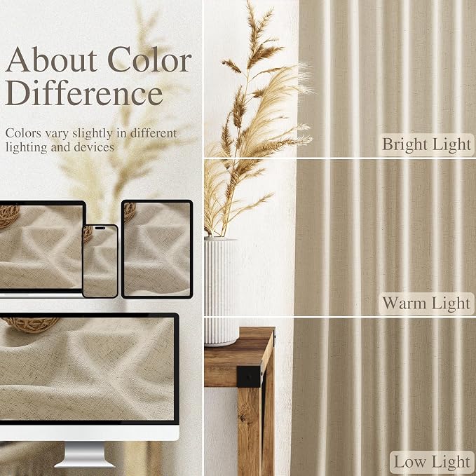 Eggshell Beige Curtains for Living Room 72 Inches Long Linen Blend Luxury Light Filtering Semi Sheer Curtain Back Tab Rustic Decor Neutral Elegant Drapes for Bedroom Office 52x72, 2 Panels
