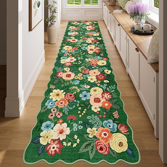DUKINO 2x8 Washable Runner Rug, Floral Non Slip Kitchen Rugs, Dark Green | Low Pile, Soft Throw Rug Runner for Hallway, Entryway, Bedroom, Bathroom, Pet Friendly, Stain Resistant, Home Decor