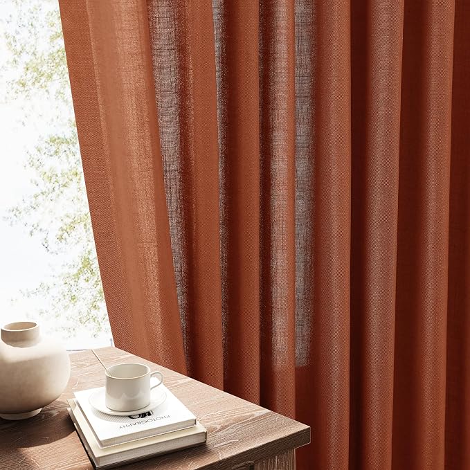 Extra Long Linen Curtains 102 Inches for Living Room Back Tab Semi Sheer Floor to Ceiling Light Filtering Curtain Boho Farmhouse Decor Window Drapes for Bedroom 2 Panels Terracotta