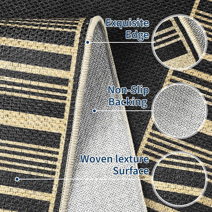 COZYLOOM 8x10 Easy Jute Outdoor Patio Rug Washable Living Room Rug with Rubber Backing, Stain Resistant Neutral Striped Border Rugs Non Shedding Foldable Mats for Bedroom, Dining Room, Backyard, Black